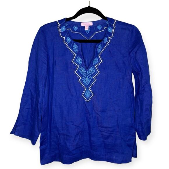 Lilly Pulitzer Blue Tunic Top 3/4 Sleeve Relaxed Fit and Embellished Design XXS - Picture 2 of 6